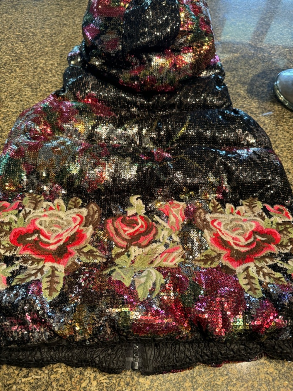 MISS SIXTY down / embroidered and black sequin floral puffer vest with hood - Picture 5 of 8